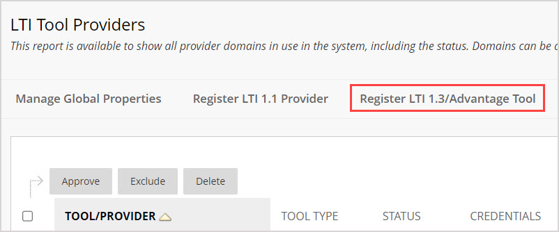 On the LTI Tool Providers page, third button from the left, the Register LTI 1.3/Advantage Tool button, is highlighted.